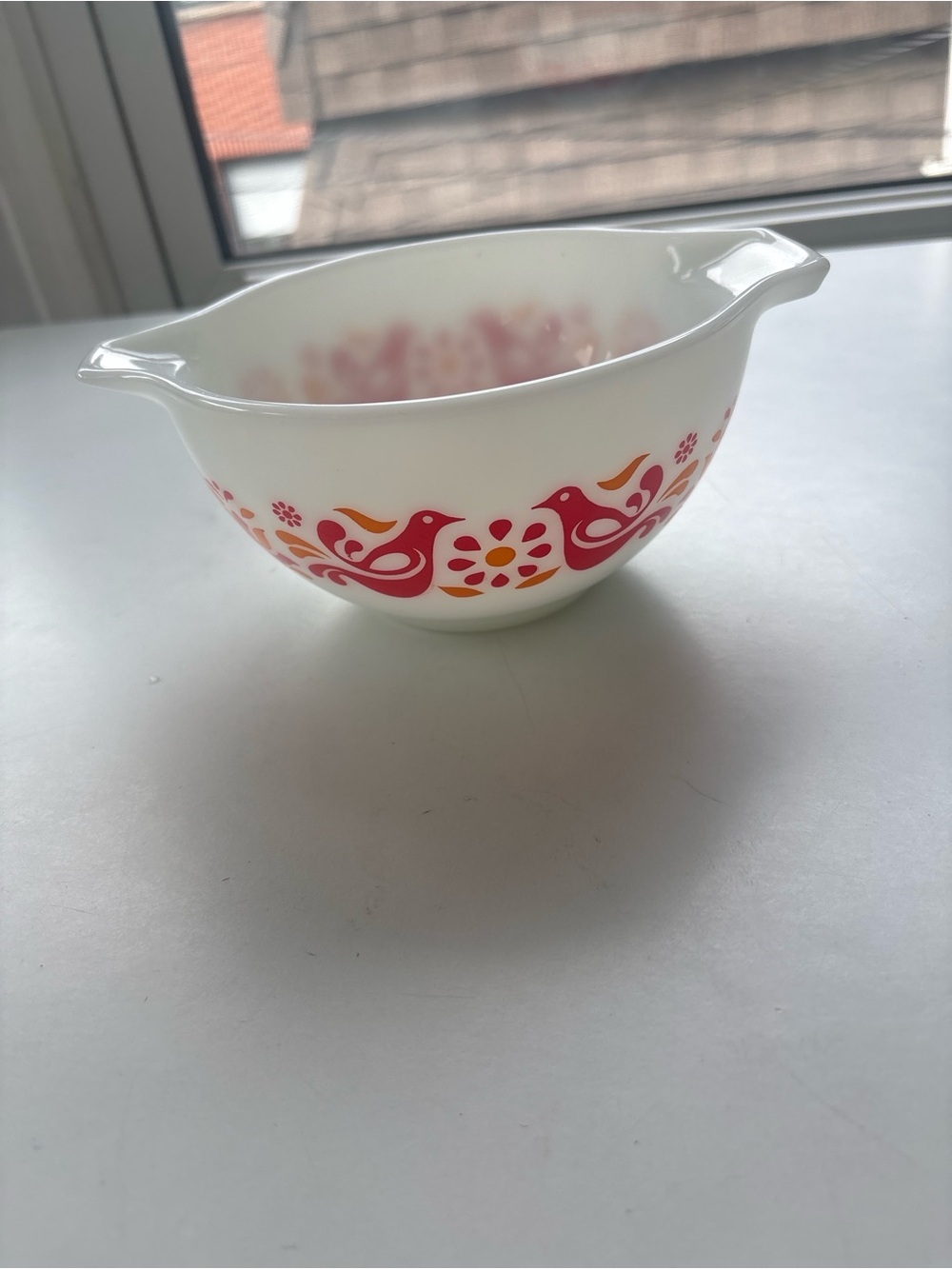 Pyrex White Mixing Bowl with Red and Orange Bird Pattern